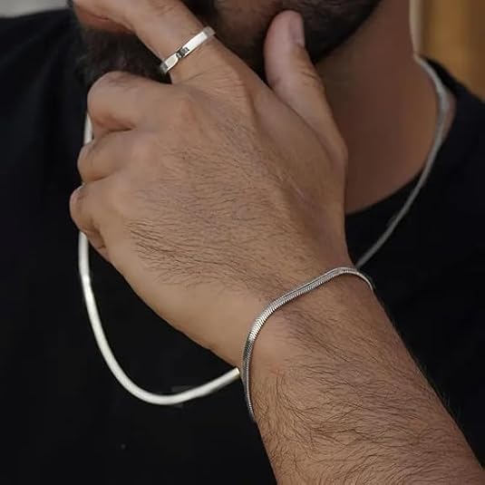 Kararmaz Gümüş Renk PASLANMAZ Çelik Zincir Bileklik Seti – Yılan İtalyan Ezme Model – Unisex Şık Bileklik Kombini