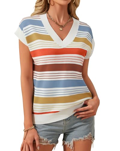 IEEILULU Womens Striped Color Block Sweater Vest Cap Sleeve V Neck Loose Tank Top Cute Summer Sweaters Vest Tops Yellow L — view 5