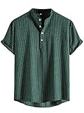 Verdusa Men's Casual Striped Button Front Short Sleeve Henley Shirt Dark Green M