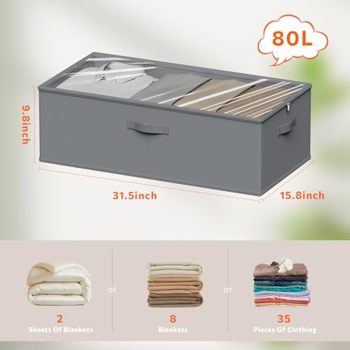 Chizjox 2 Pack Under Bed Storage Containers, 10 Inch Tall Underbed Clothes Storage Organizer Bin with Clear Window，Foldable Box Basket for Clothes, Closet, Bed Sheets and Blankets Gray — view 3