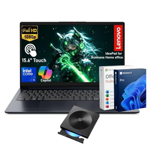 Image of Lenovo IdeaPad 1i Laptop, 15.6 inch FHD Touchscreen, Intel Core i5-1335U Processor, 16GB RAM 512GB SSD, Windows 11 Pro, MS Office Lifetime with Copilot AI, Wi-Fi 6, HDMI, w /External DVD Drive, Blue
