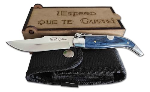Genérico Navaja de Artesania 8.5 cm hoja con funda en cajita de madera. Teja Albacete Azul.