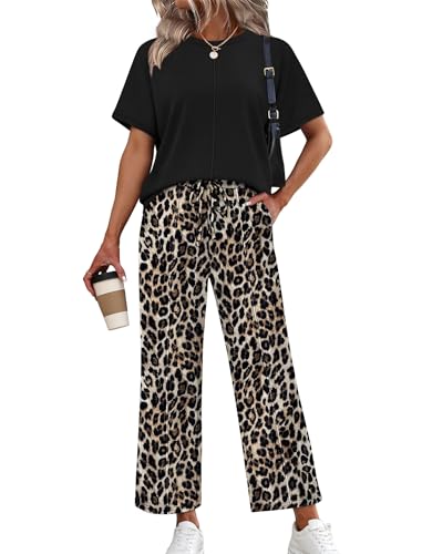 Sampeel Two Piece Sets for Women Summer Casual Spring Vacation Outfits Beach Airport Travel Cruise Resort Wear Leopard Pants Lounge Sets Matching Sets Womens Clothing M