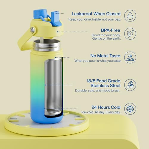 Image of ENCOOL Insulated Water Bottle with Straw Stainless Steel Water Bottle, Leak-Proof, BPA-Free, Double Wall Vacuum Keeps Cold for 24 Hours for Sports, Travel, School (18 oz, Soft Lagoon)