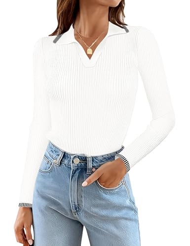 Image of Rapbin Women's V Neck Long Sleeve Ribbed Knit Pullover Sweater Slim Fitted Casual Basic Tee Tops