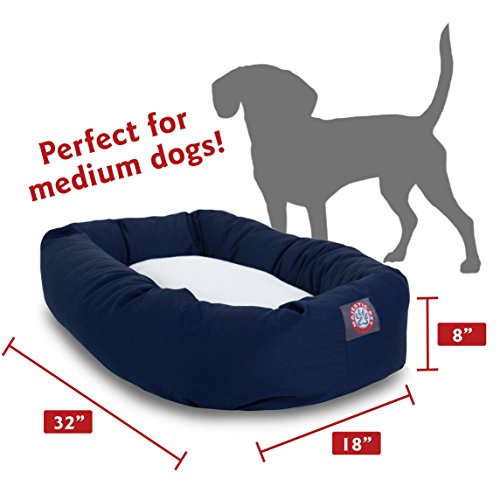 Image of Majestic Pet 32 Inch Poly-Cotton Sherpa Calming Dog Bed Washable 32x18x8 (inch) - Cozy Soft Round Donut Dog Bed with Spine for Head Support - Pet Bed Medium - Blue