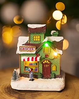 Marco Paul Christmas Traditional Village Shop Scene Light Up Christmas Decorations with Multi Coloured LED Light Battery Operated Pre-Lit Christmas Ornament Indoor Festive Xmas Home Décor (Grocer)