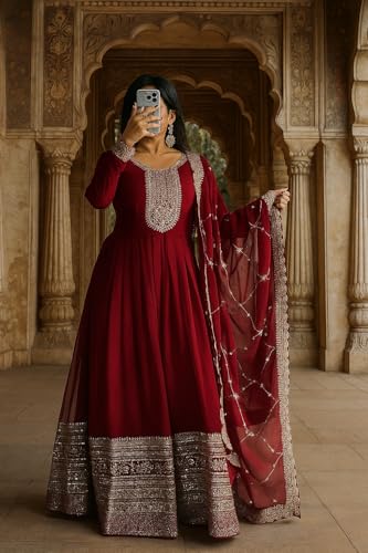 Image of Women Omkar Textile's Georgette Anarkali Gown with Dupatta Set, Embroidered, Wedding, Floor Length