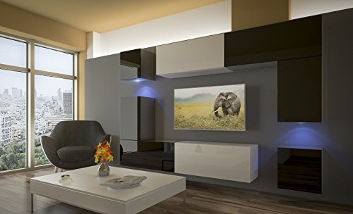 HomeDirectLTD Moderno Conjunto de Muebles modulares Negro/Blanco Brillante - PRAG AN5 (AN5-17BW-HG22-1A, Azul LED)