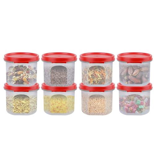 Image of SIMPARTE Smart Slim Storage Air-Tight & Leak Resistant Plastic Modular Container - For Snacks, Spices, Dry Fruits, Flax Seeds Stackable, BPA Free, Food Grade (250 ML, Set of 8, Red)