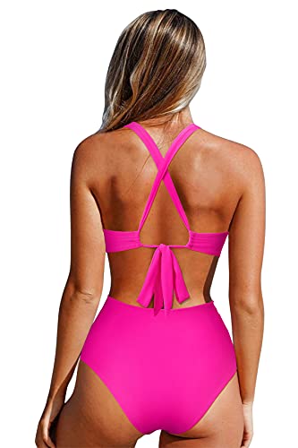 Omkagi Women Crisscross One Piece Swimsuit Halter Push Up High Cut Monokini Swimwear(L,4618-Hot Pink Built-In Pads) #TOP2
