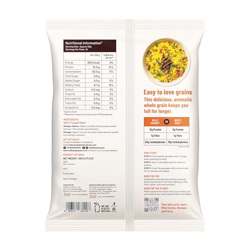 Image of Mille Foxtail Millet Whole Grain | Certified Low GI | Rice Replacement | High Fibre and Plant Protein | Gluten Free | Cooks in 10 minutes | Can be used to cook Biryani, Lemon Puliyogare | Unpolished, Toasted, No Soaking Required | Kangni /Kakum /Navani /Korralu /Korra /Thinai, 500g