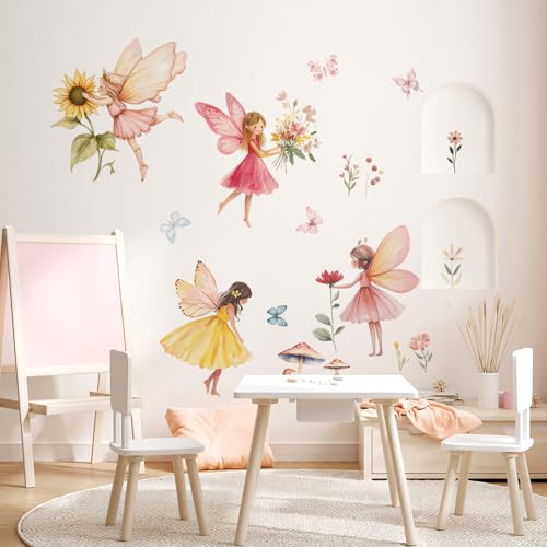 Cyberwork Stickers Muraux Fée Fleurs et Papillons, 4 Feuilles 30×19 cm avec Différentes Fées, PVC Imperméable Autocollants Muraux Amovibles, Décoration Murale pour...