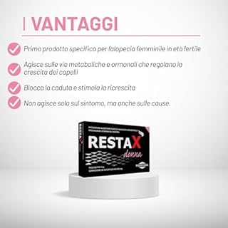 RestaX Donna integratore specifico per alopecia androgenetica femminile in età fertile con Agnocasto, Resveratrolo, Biotina. Con progestinico che riduce caduta e stimola la ricrescita nelle donne