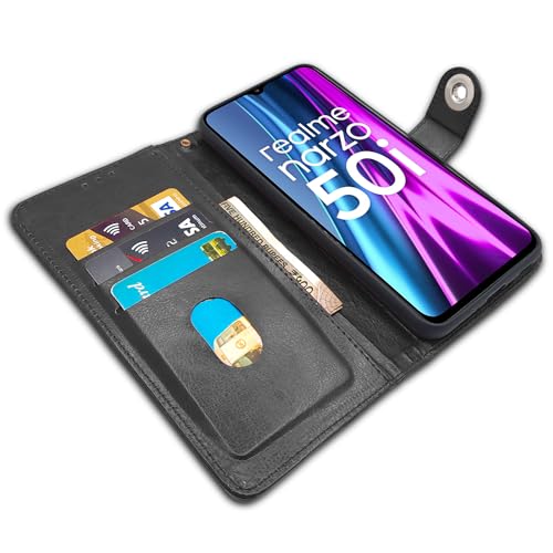 Image of Pikkme Realme Narzo 50i Flip Cover | Genuine PU Leather Finish | Full 360 Protection | Wallet Style | Inbuilt Pockets & Stand | Strong Button Closure Magnetic Flip Case for Realme Narzo 50i (Black)