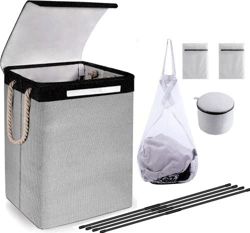 75L Laundry Hamper With Lid,Collapsible Laundry Baskets With Removable Mesh Bag&3 Freestanding Laundry Bag，Dirty Clothes Hamper With Rope Handles For Bedroom, Living Room,Toys (Grey+Black,75L) #TOP9