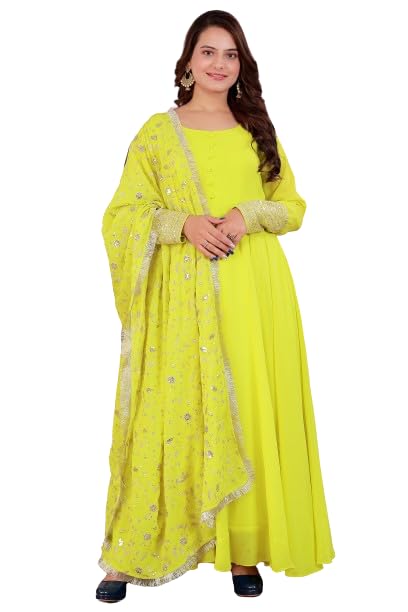 Image of ROYALICA Women's Georgette Gown Set with Solid Pattern Floor Length Round Neck Fit & Flare Full Sleeves Gown Pant and Embroidery Work Dupatta | Anarkali Gown Set for Women