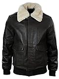 HiFacon Herren Fliegerjacke Lederjacke Schwarz mit weißem Kunstfellkragen - Schwarz - Small