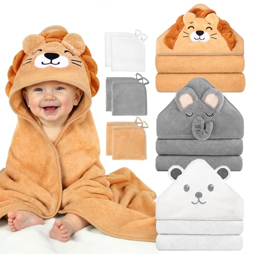 CandyHome 9 PCS Baby Bath Towels for Infants Toddlers, 3 PCS Animal Hooded Baby Towels & 6 PCS Washcloths Set, Ultra Absorbent Soft Cute Newborn Bath Essentials Gifts for Boys & Girls