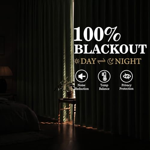 Image of MYSKY HOME Olive Green Pinch Pleated 100% Blackout Curtains 90 inches Long for Bedroom Living Room Dark Green Linen Textured Double Layer Black Out Pinch Pleat Drapes, 40 inch Wide per Panel, 2 Pcs