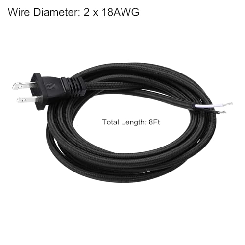 uxcell 8Ft 18/2 Cloth Covered Lamp Cord with Plug, Vintage Electrical Lamp Cord with Stripped Ends for Extension Wiring DIY Repairing, Black