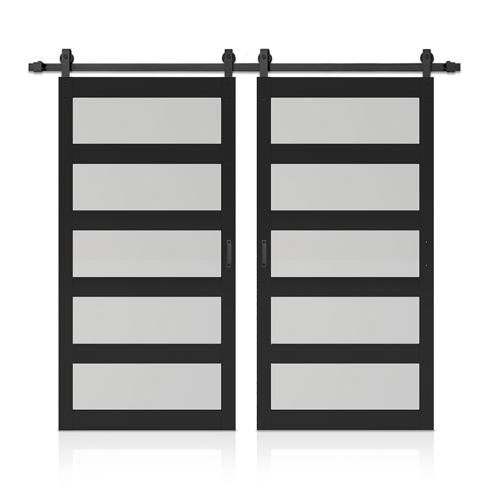 96 in. x 84 in. 5 Lite Tempered Frosted Glass Black Finished Composite Double Sliding Barn Door with Hardware Kit Handle