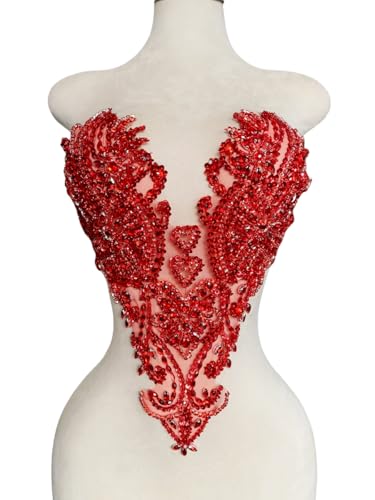 Zbroh Handmade Bodice Rhinestones Applique Sewing Glass Beads Stones Crystal Trim Lace Patches for Dress Clothing Accessories 13X18inches (Red)