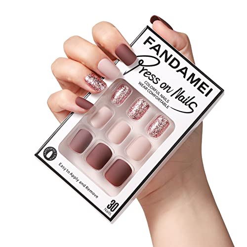 Fandamei Press On Nails Short, 30Pcs Press On Nails Short Round, 24Pcs Matte Press On Nails With 6Pcs Glitter Press On Nails, Natural Short Fake Nails Full Cover, Short Glue On Nails For Nail Art #TOP14