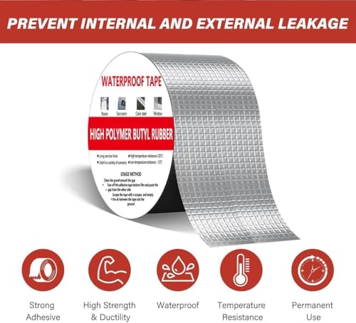 Image of Rainspire Aluminum Foil Butyl Waterproof Tape Leak Repair Tape | Self-Adhesive Roof Sealant Tape for Pipe, Roof, Wall, Window Crack Fix | Heat Resistant Tape, Multi-Purpose /Chopper Scraper - 3 Pack