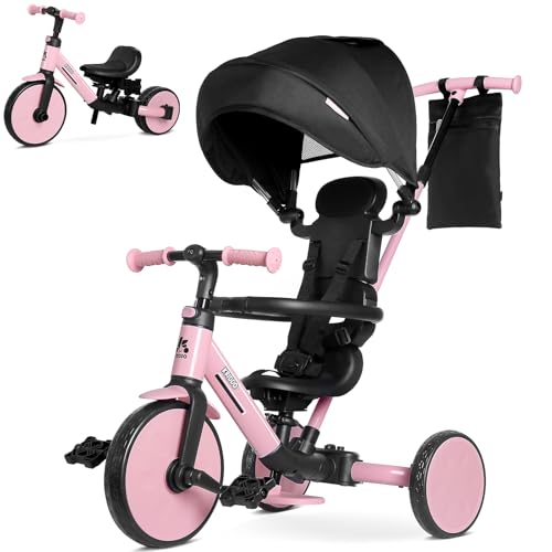 KRIDDO Tricycle évolutif 8-en-1 pour Enfants de 18 Mois à 5 Ans, avec poignée parentale, Modes Tricycle et draisienne, Harnais de sécurité à 5 Points, Capote Pliable et Sac de Rangement, Rose