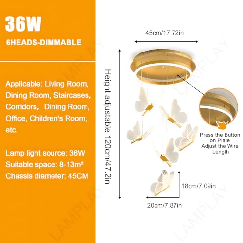 Lustre LED doré moderne à 6 suspensions papillon à intensité variable