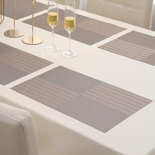 Image of Rectangular Heat Resistant Non-Slip Weave Placemat for Dining Table, Cleanable PVC Woven Dinner Mats | Low-Maintenance| Perfect for Home, Kitchen, Restaurant, Office Bear Browne, Set of 4