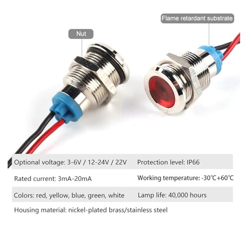 Lámpara de señal de metal LED blanca de 12V-24V con cable de 8mm para panel 5