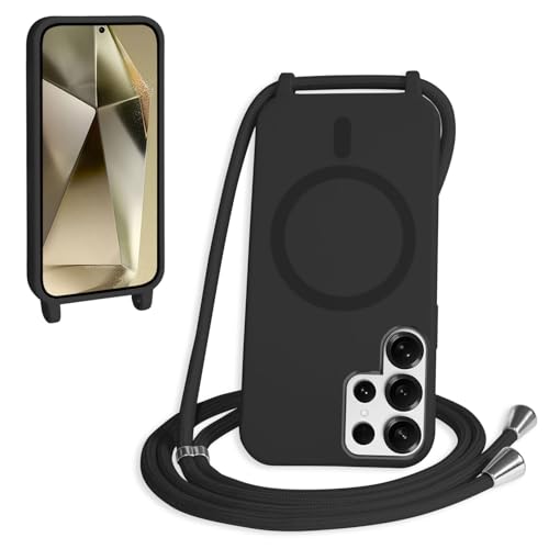 FMPCUON Capa magnética com cordão para Samsung Galaxy S24 Ultra compatível com Magsafe, TPU anti-impactos protetor silicone Case com cordão ajustável para pendurar corrente, preto