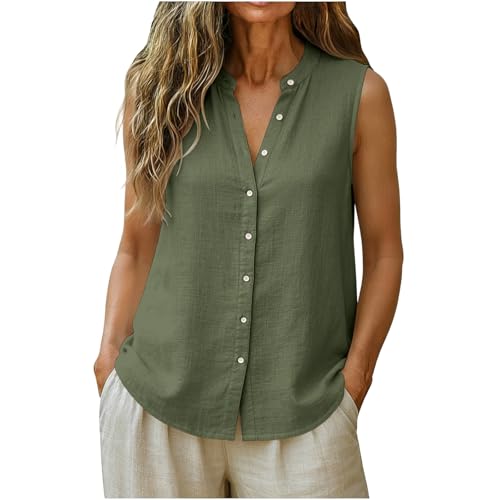Ssuyeuri Linen Tops for Women Short Sleeve Round Neck Casual Loose Fit Blouses Fashion Dressy Shirts Top 2026 Summer Army Green