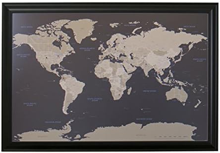 Mapamundi con alfileres, con marco de 24 x 36 pulgadas y alfileres, Negro, 24 x 36 pulgadas