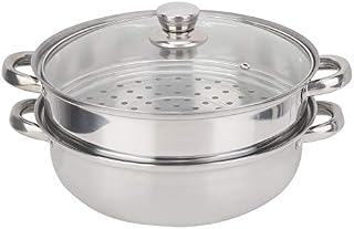 iFCOW Double Boiler Steaming Pot, Stainless Steel Cookware 11in 2-Layer Steamer Pot Cooker with Temered Glass Lid and Double Handles