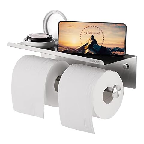 YUMORE Toilet Paper Holder, 304 Stainless Steel Bathroom Double Roll Tissue Holder with Shelf, Wall Mounted Washroom Dual TP Dispenser Storage, Flushable Wipes Dispenser, Brushed Nickel Finish Cover