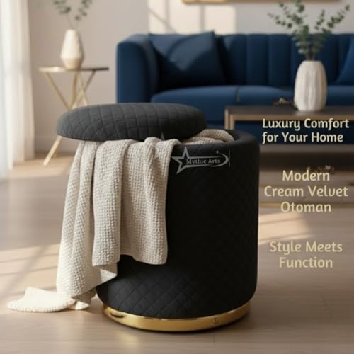 Image of Premium Round Storage Ottoman Stool 16 X 16X 19 inch, with Gold Metal Base | Luxury Pouffe with Hidden Storage | Cushioned Footrest for Living Room, Bedroom & Lounge Black