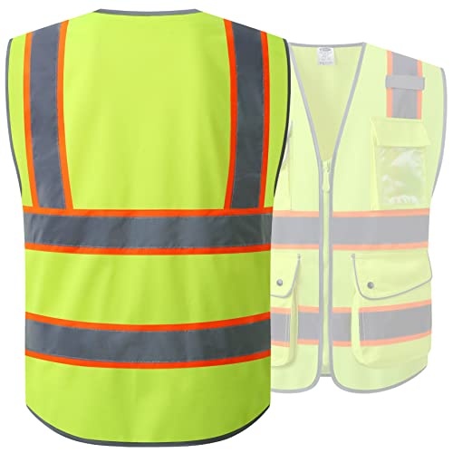 Image of JKSafety 9 Pockets Hi-Vis Neon Yellow Color Zipper Front Safety Vest with Fluorescent Orange Extend Edge outlining the Reflective Tapes Meet ANSI /ISEA Class 2 Standard (901-Yellow, XX-Large)
