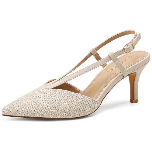 Image of Slingback Kitten Heels for Women Closed Pointed Toe Pumps Dress Shoes with Buckle Strap Comfortable Slip On Sandal Heels for Work Party Wedding