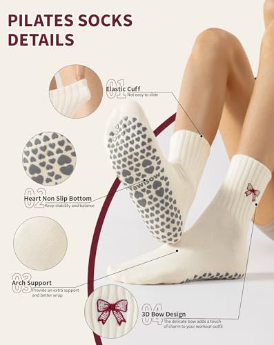 Image of Yawlsow Pilates Grip Socks for Women Yoga Grippy Socks Cute Barre Non Skid Athletic Crew Sticky Sock Workout Hospital