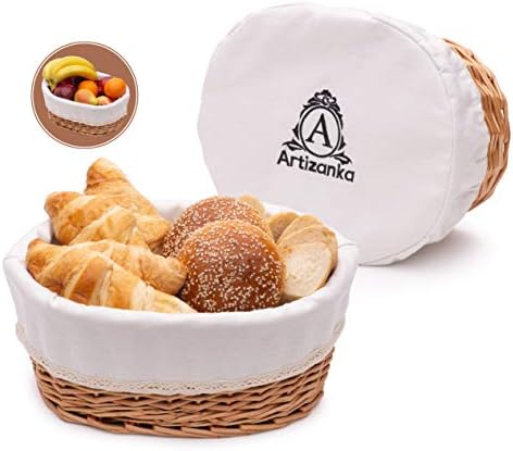 Large Bread Basket for Serving Set - 12x9” Wicker Basket with Removable Liner and Cover Bread Storage and Bread Serving Basket for Homemade Sourdough Bread. Pantry and Fruit Basket by Artizanka