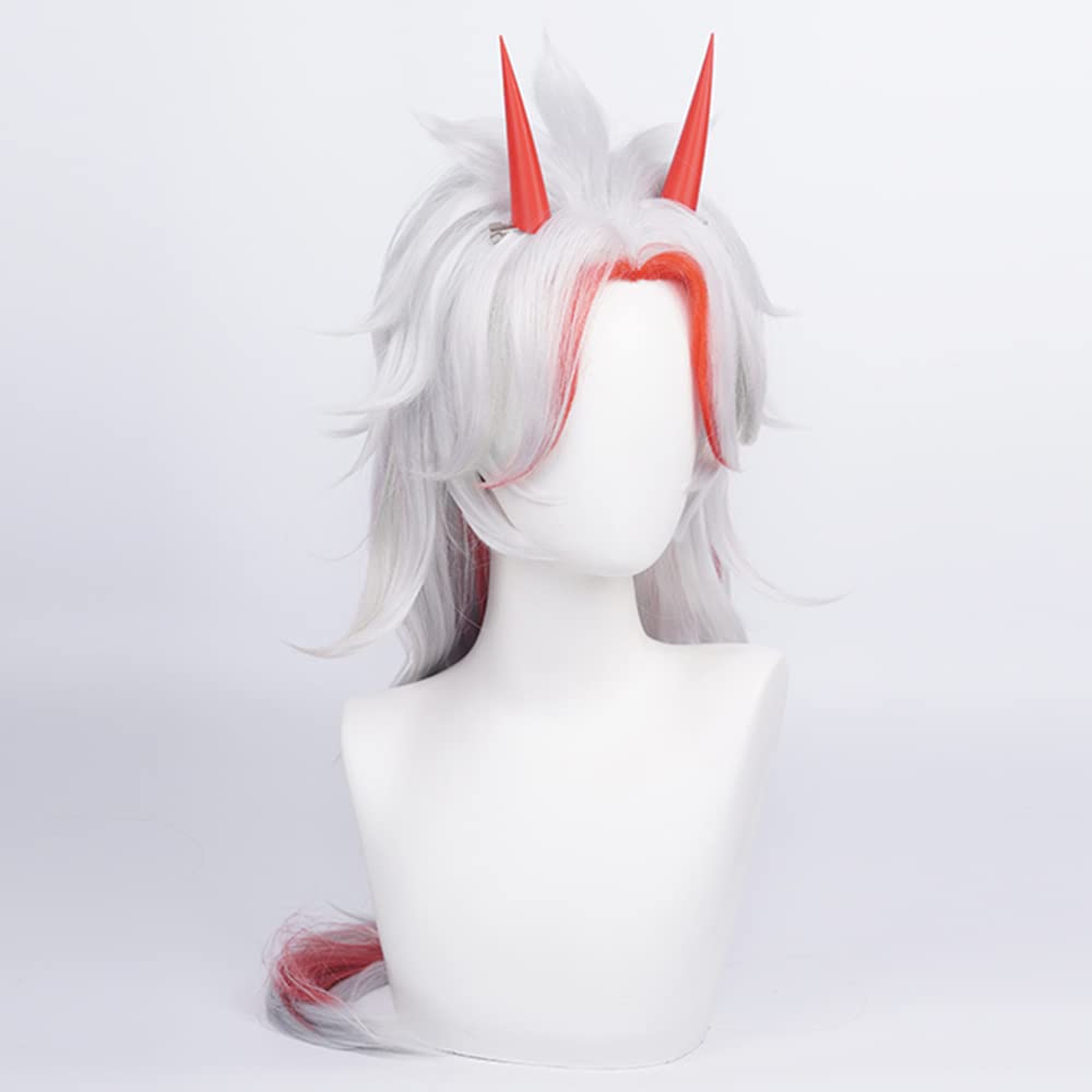 Silver White Wig Mix Red Long Straight with Horn Bangs Heat Resistant Synthetic Hairs Costume for Women Men Halloween Cos Anime Party Replacement Wigs - Image 3