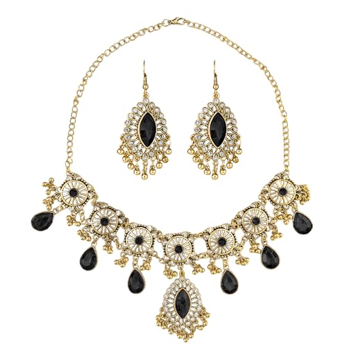 VLYX Ensemble de bijoux indiens traditionnels pour femme - Collier & boucles d'oreilles Jhumka - Style ethnique boho pour mariage, fête et occasions festives (Noir)