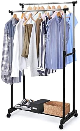 Trintion Clothes Rail 83x42x90-160cm Double Clothes Rack with Wheels Adjustable Dress Coat Garment Hanging Clothes Rail Rack Storage Stand