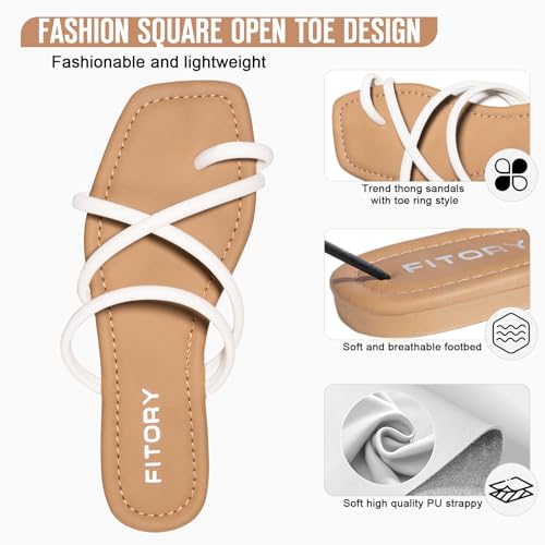 Image of FITORY Women's Slide Sandals Flat Toe Ring Thongs with Cross Strap for Summer Size 8 White
