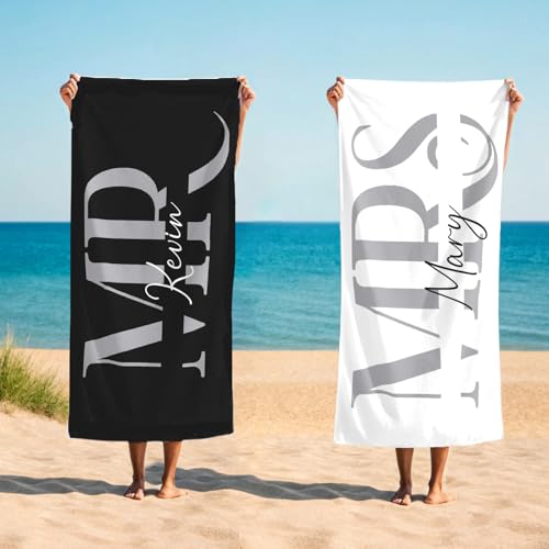 CHARMMYFASHION Serviette De Plage Personnalisé pour Couples avec Nom Lot de 2,Serviette de Plage M. et Mme Personnalisable avec nom,Serviette de Couple...