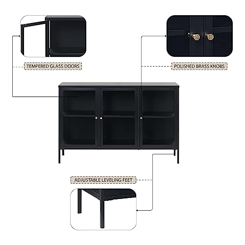 Modern Steel Dover 3-Section Sideboard Glass Door Display Cabinet With 4 Shelves, Adjustable Feet, Freestanding, Bookcases & Shelves For Home Office, Living Room, 15.75 X 52 X 33.5 In., Black/Gold #TOP4