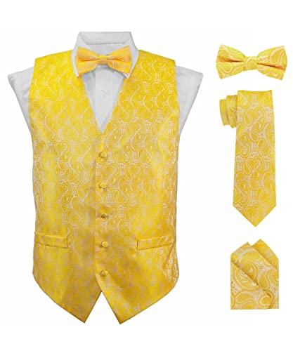Formal Paisley Satin Suit Vest for Men Set of 4 - Vest, Tie, Bow Tie & Pocket Square (White Back)